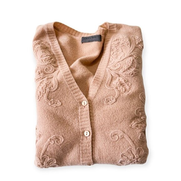 Alberta Ferretti Antique Rose Wool Cardigan, Floral Embroideries, Size 10US - Picture 3 of 14